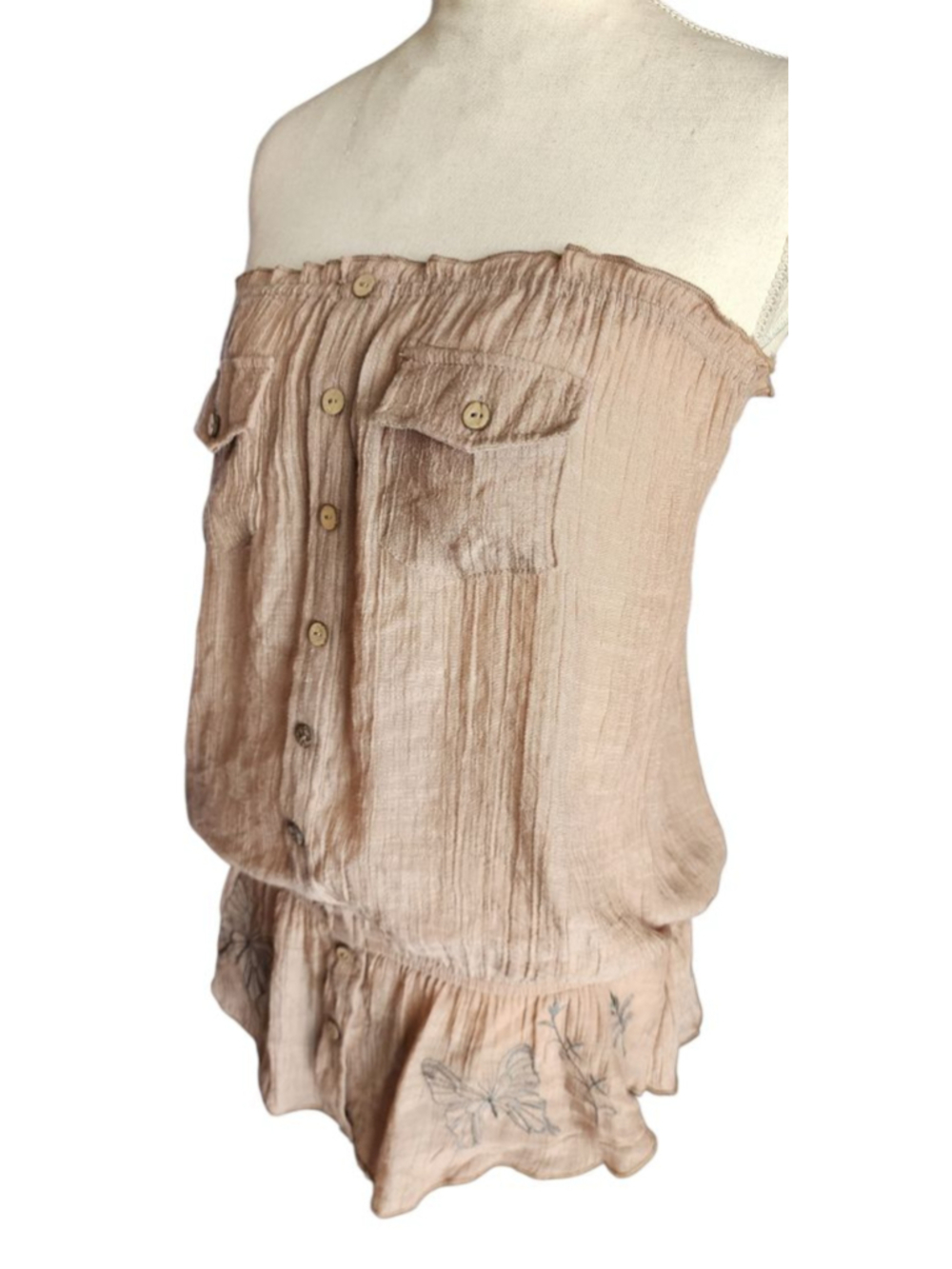 Mine Womens L Strapless Tube Top Beige Butterfly Embroidered Button Front NWOT - Picture 4 of 11